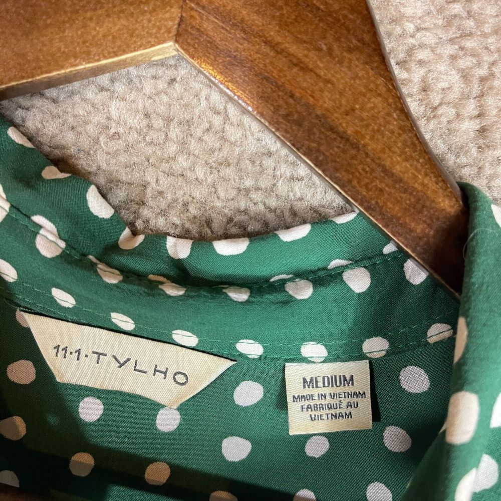 Anthropologie 11.1 Tylho Brynn Shirt Dress Womens Medium Green Polka Dot Aline - Picture 6 of 11